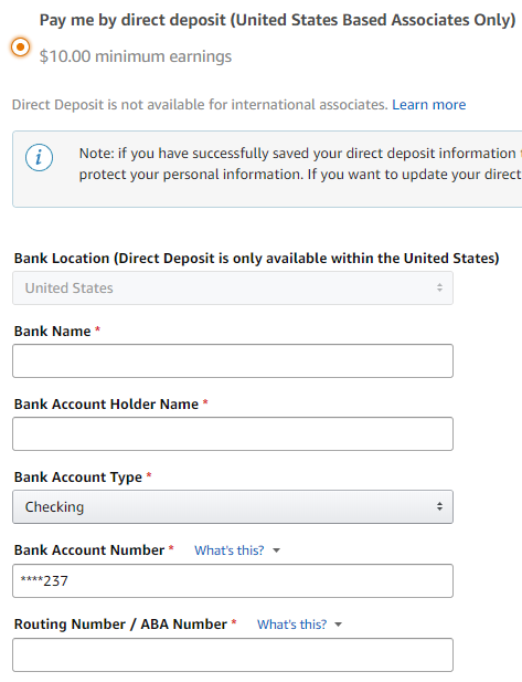 Amazon Associates Direct Deposit Payment Option